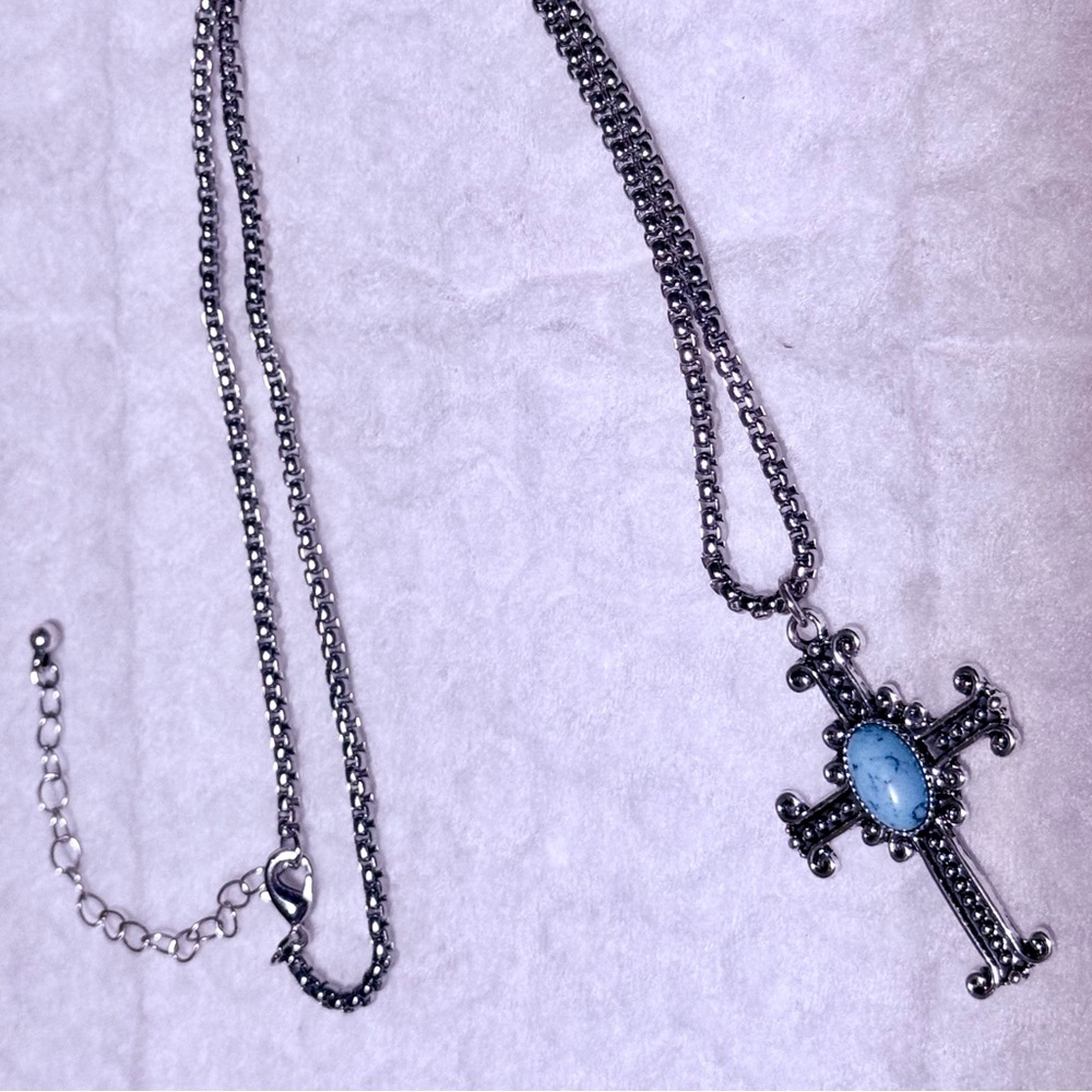 Silver Tone Fashion Cross Necklace With Blue Howlite